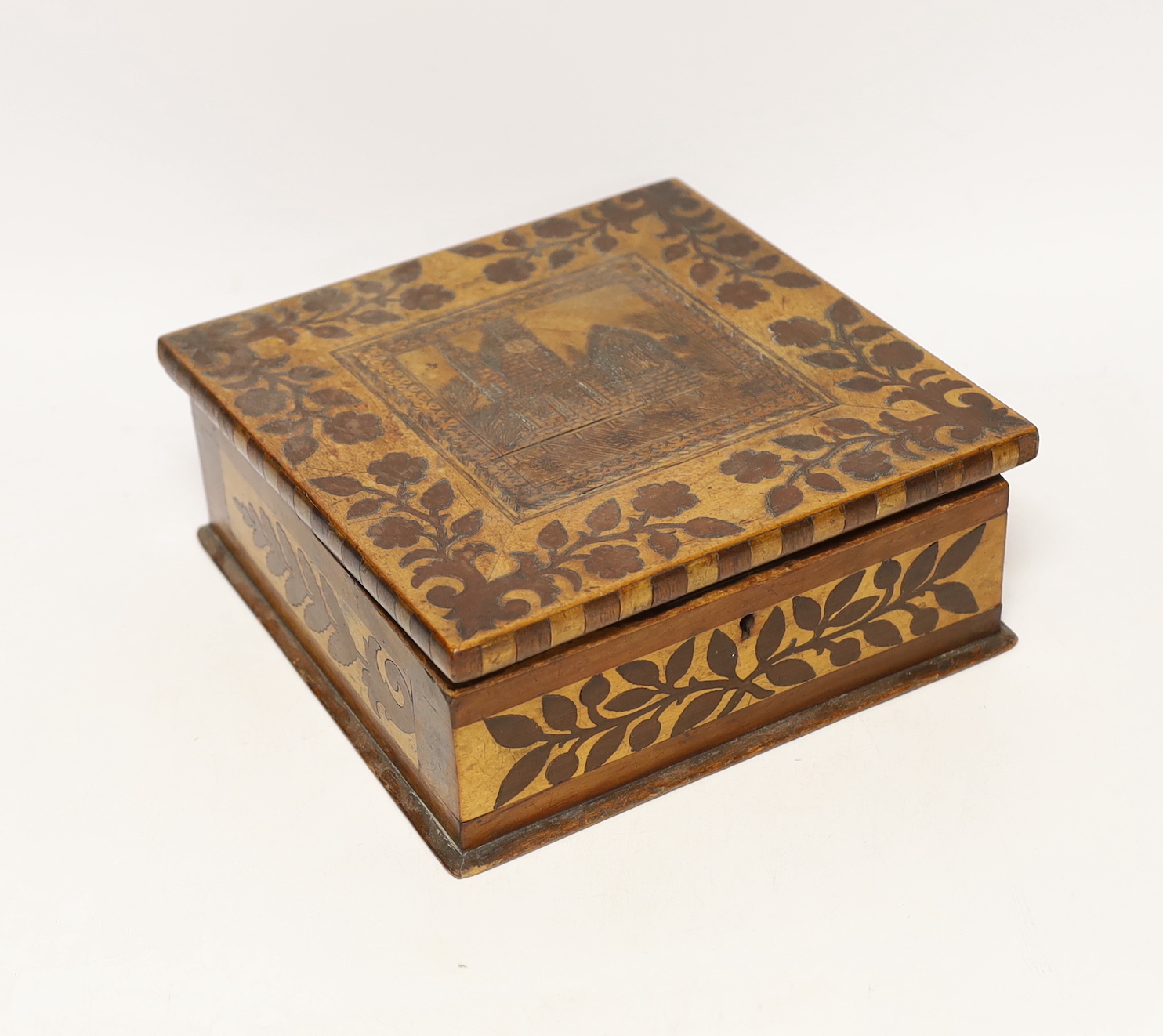 A 19th century Killarney Arbutus wood and marquetry inlaid box, decorated with Muckross Abbey, 21.5cm